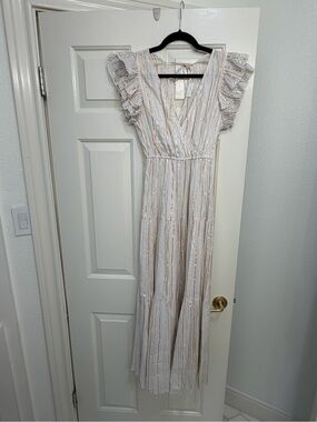 Sleeveless Ruffle Maxi Dress - White with Gold Stripe